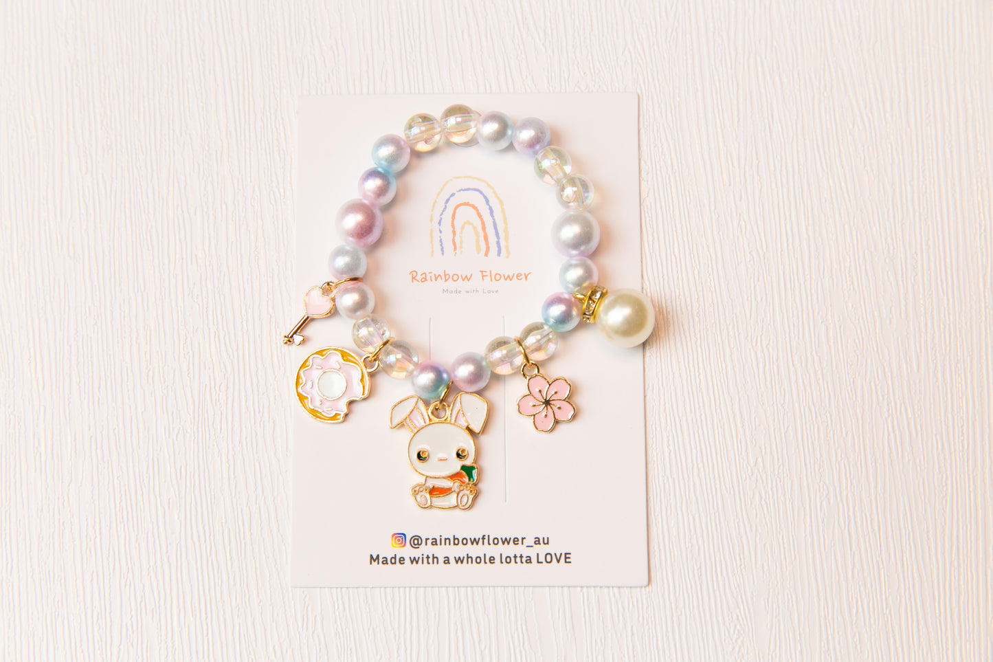 High Quality girl bracelet, baby toddler kids Cat Bunny Donut Flower pearl rhinestone key bracelet