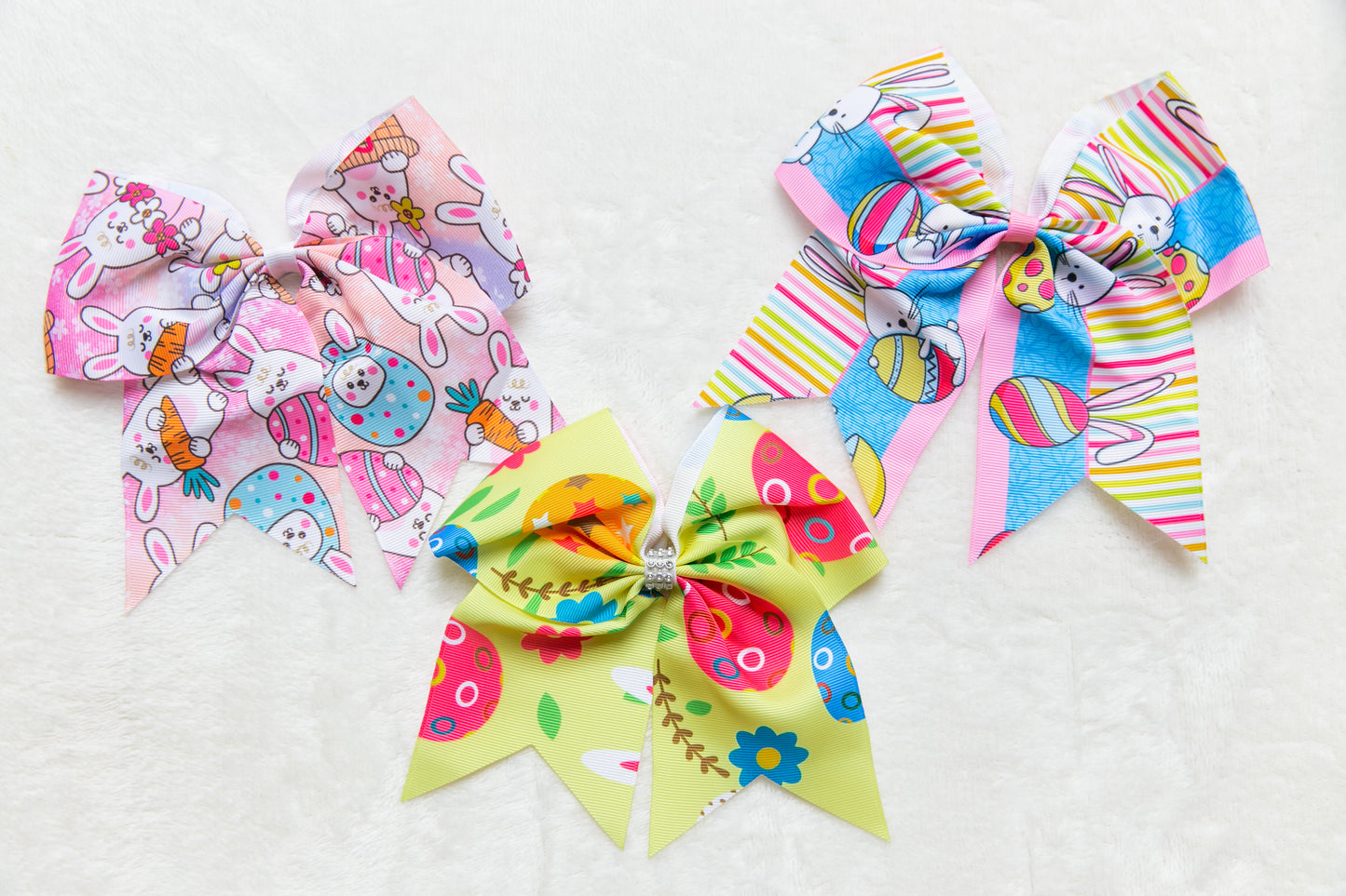 Unique Easter 7 inches Extra Large Bow Hair Tie for Toddler Girl Teen Pink Blue Yellow Easter Egg and Bunny Design Big ribbon Bow party gift