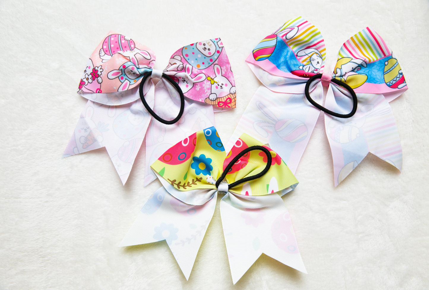 Unique Easter 7 inches Extra Large Bow Hair Tie for Toddler Girl Teen Pink Blue Yellow Easter Egg and Bunny Design Big ribbon Bow party gift