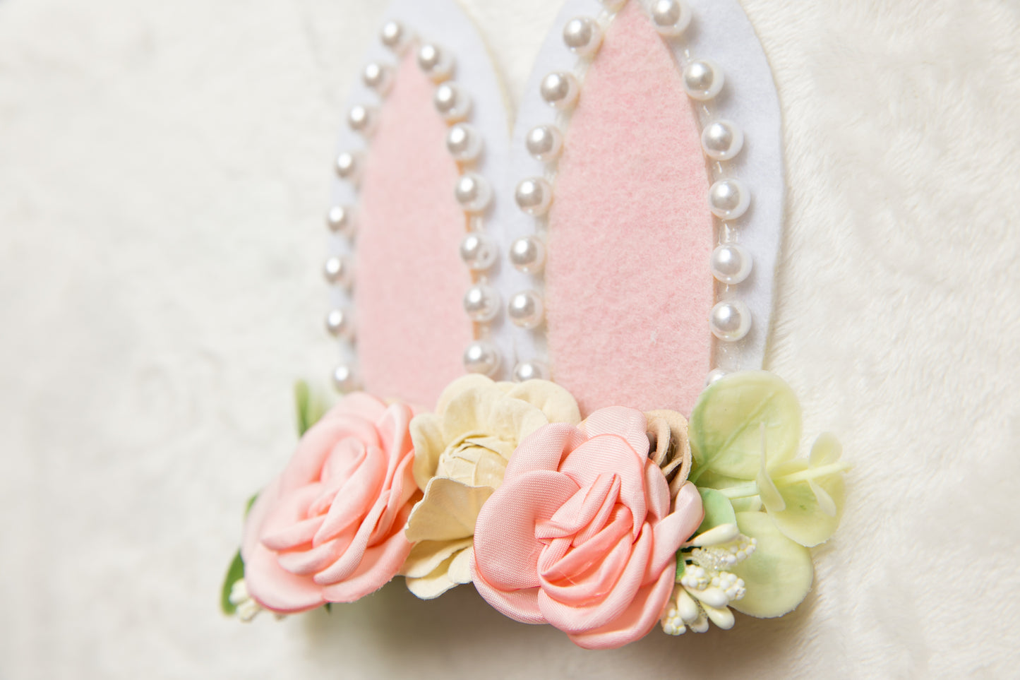 Unique Easter Bunny Ears 5 inches Extra Large headband for Baby Girl Toddler Pink Beige Pearl Easter Egg Big flower floral party gift