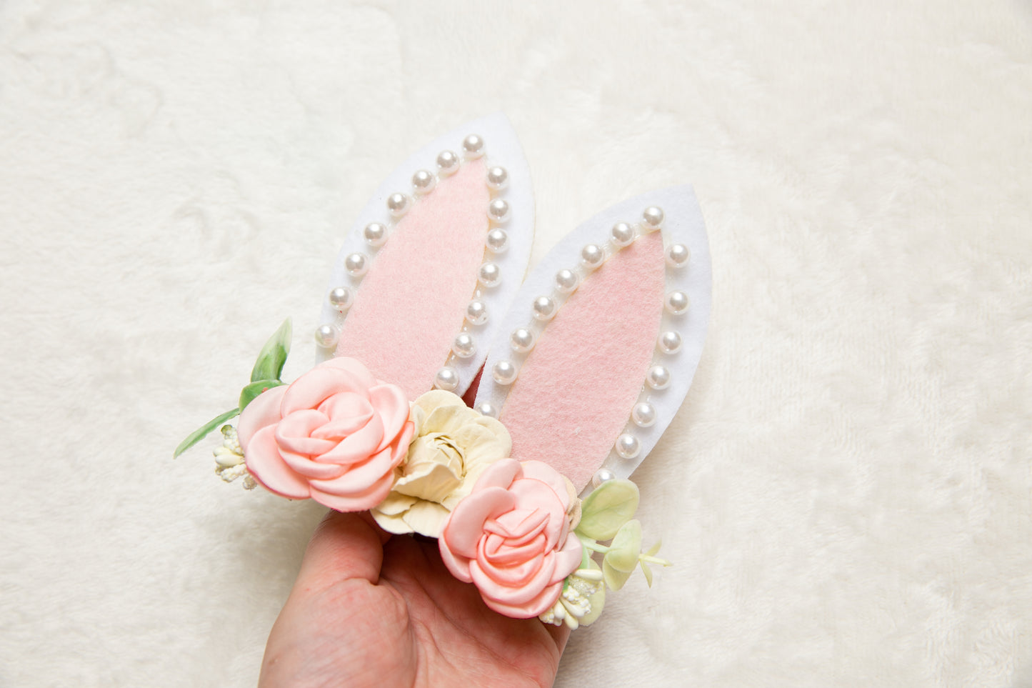 Unique Easter Bunny Ears 5 inches Extra Large headband for Baby Girl Toddler Pink Beige Pearl Easter Egg Big flower floral party gift