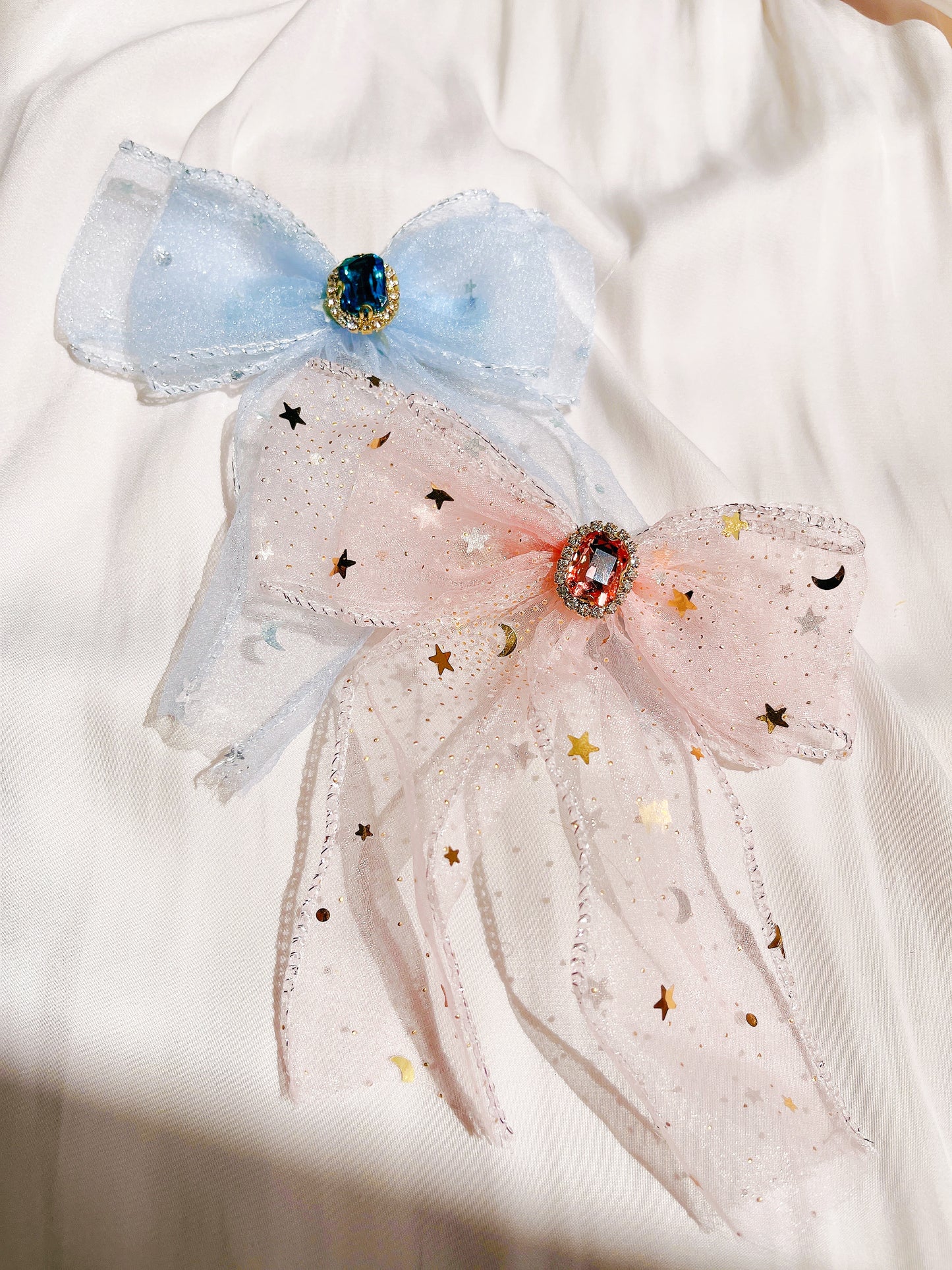 Princess girl Fairy Big Oversized Ribbon Bow Clips - pink and blue
